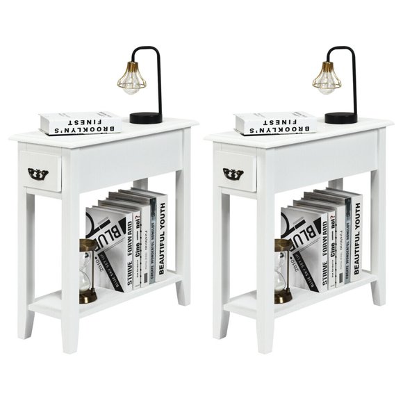 Gymax Set of 2 Nightstand 2 Tier End Bedside Sofa Side Table w/Drawer &Shelf White