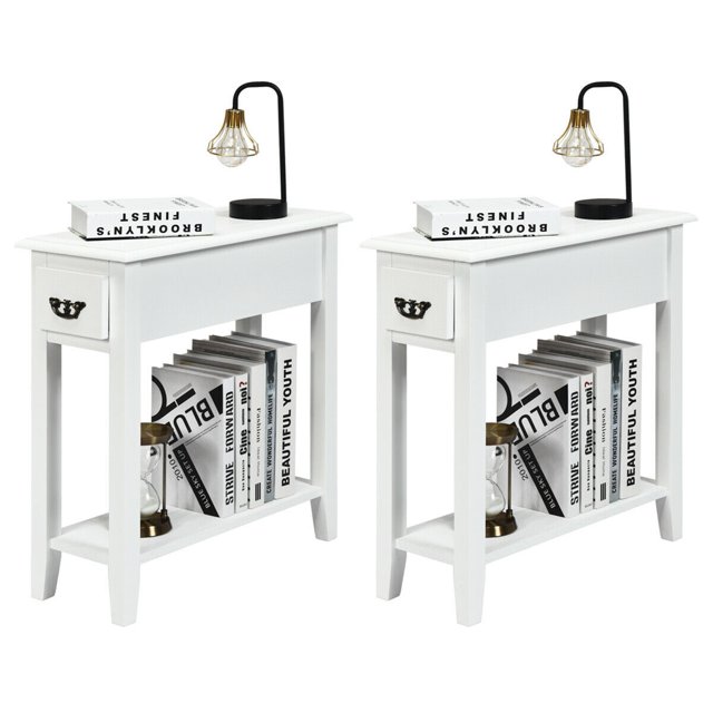 Gymax Ensemble de 2 Tables de Nuit à 2 Niveaux Table d'Extrémité de Chevet Table d'Appoint de Sofa avec Tiroir et Tablette Blanc