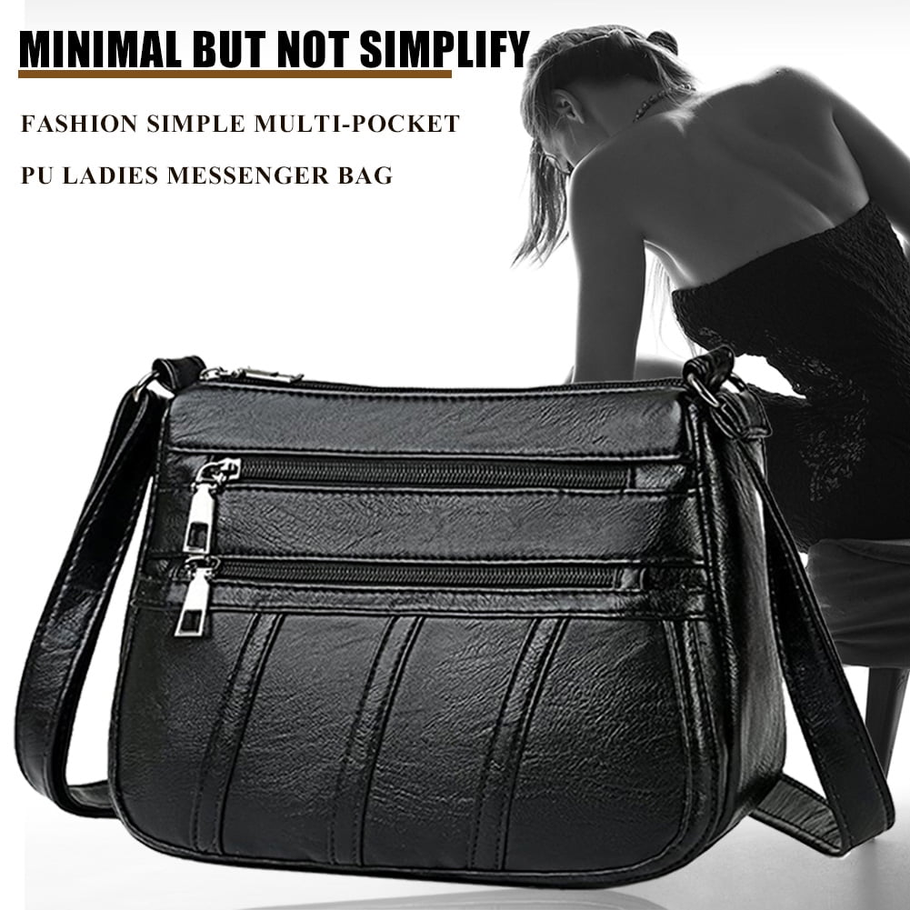Women PU Shoulder Bag Multi-pocket Mother Solid Crossbody Handbag (Black)