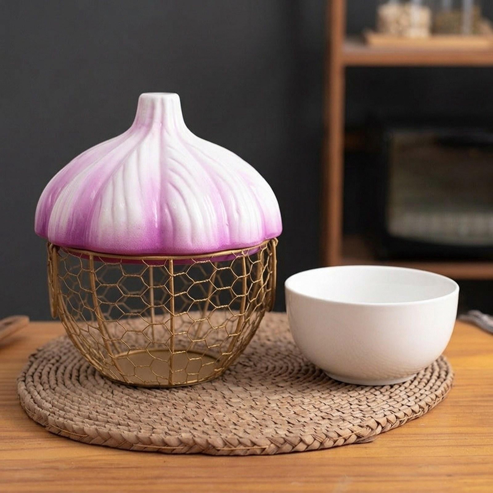 Fiocias Ceramic Holder Breathable Portable with Lid Egg Basket for Fruit Home Pantry Purple