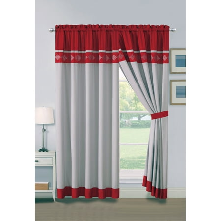 Starlight Curtain 4-Pc Lumi Star Diamond Floral Damask Embroidery Curtain Set Light Gray Silver Red Valance Sheer Liner Drape ()