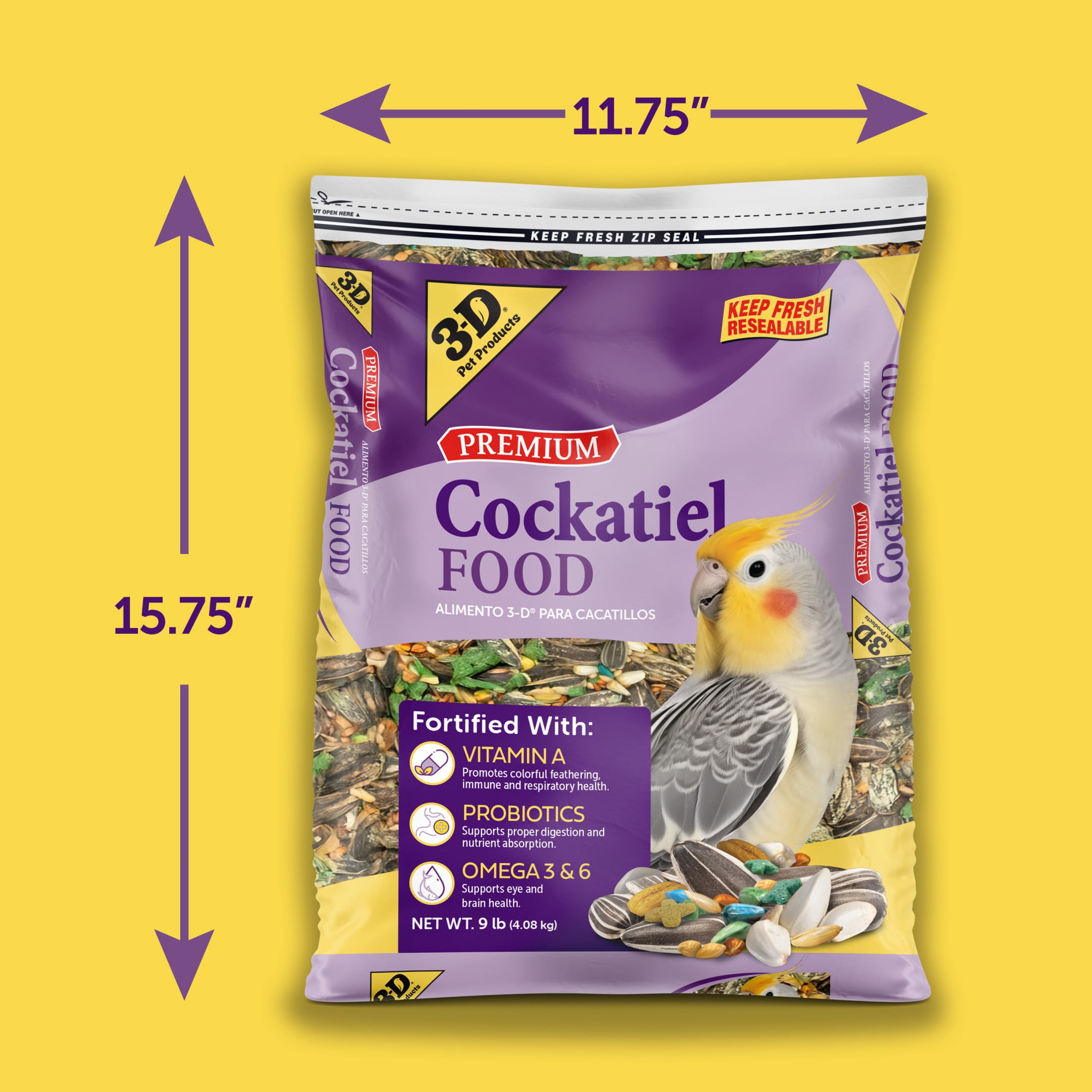 3-D Pet Products Premium Cockatiel Mix Bird Food Seeds, with Probiotics, 9 lb. Bag