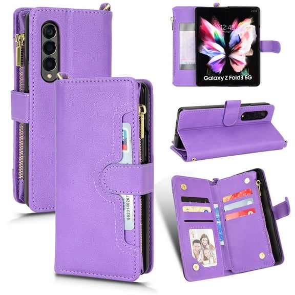 K-Lion Zipper Wallet Case Compatible Samsung Galaxy Z Fold 4.PU Leather Magnetic Card Slots Shockproof Zipper Pocket Flip Cover for Samsung Galaxy Z Fold 4 7.6 inch,Purple