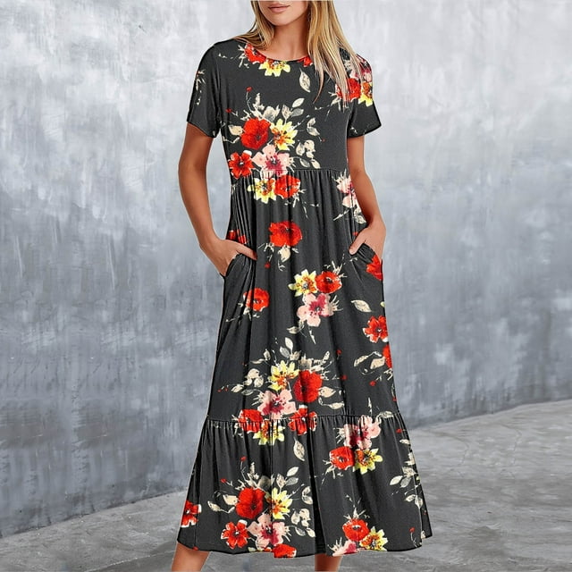 LOVZFMLL Robe Longue à Fleurs Imprimée à Manches Courtes et Col Rond pour Femmes Noir 2TG
