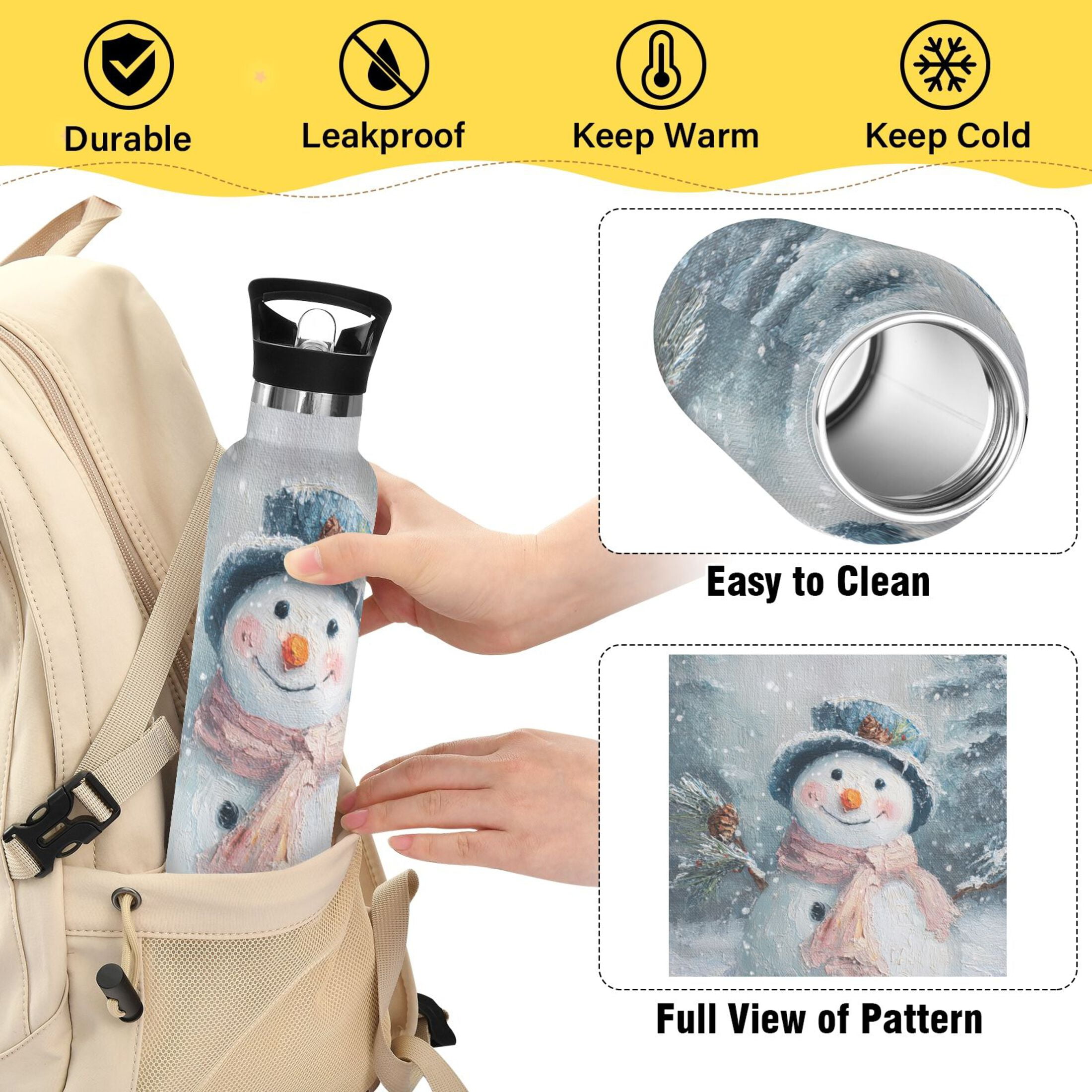 600ML Stainless Steel Insulated Cup Sports Water Bottle Portable Thermos Cup Water Glasses Insulated Tumblers Convenient and Durable Cartoon Beautiful Christmas Snowman