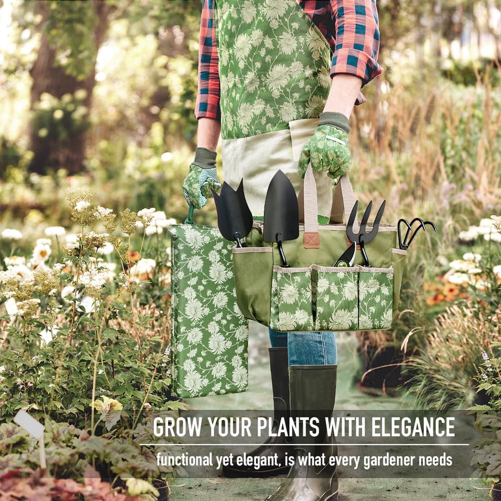 Colwelt Heavy Duty Garden Tools Set Including Garden Tote, Kneeling Pad, Gloves, Pruner, Trowel, Tulip Trowel, Cultivator - Gardening Gifts for Women Men