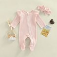 thumbnail image 6 of Bellafa Newborn Girl Ribbed One-Piece Long Sleeve Footies Romper Jumpsuit Zipper Pjs Baby Girls' Sleep and Play Pajamas with Bowknot Headband, 6 of 7