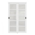 thumbnail image 3 of 48'' x 80'' Bypass Sliding Closet Door, 5 Panel Tempered Frosted Glass & White Smooth Paintable Frame, Pre-assembled Door Panels with Black Handles, 3 of 12