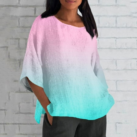 

IUZSOKIL 3/4 Tshirts for Women V Neck Gradient Elbow Slit Side Blouses Oversized Plus Size Loose Fit Dressy Tops Summer Casual Trendy Tunic Light Blue 2XL