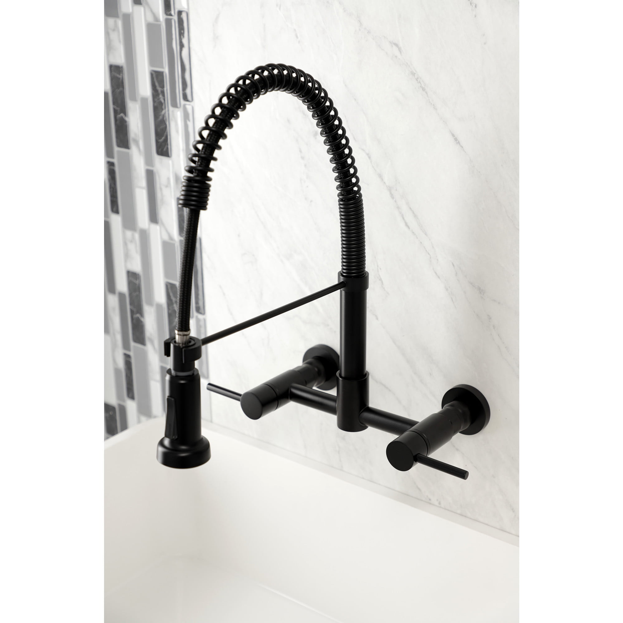 Gourmetier GS8180DL Concord Double-Handle Wall-Mount Pre-Rinse Bridge Kitchen Faucet, Matte Black