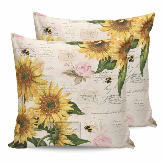 Outdoor Waterproof Throw Pillow Covers Set of 2 Sunflower Decorative Pillowcases Square Outdoor Pillows Cushion Case 18x18 Inch Vintage Floral Dragonfly Patio Pillows for Couch Sofa Bed Garden