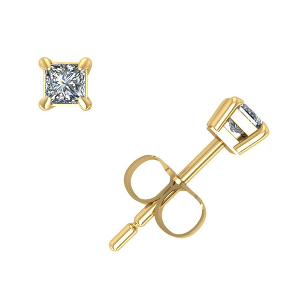 Genuine 0.10Ct Princess Cut Diamond Stud Earrings 14k Yellow Gold Prong Push Back GH I1