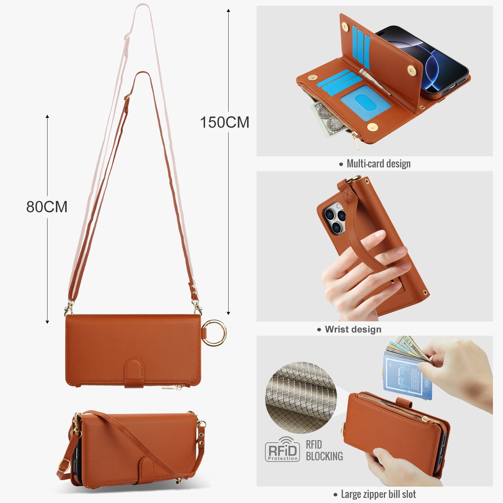ELEHOLD For iPhone 13 Pro Max Phone Case Leather Crossbody Zipper Card Wallet Flip Case Kickstand Cover, with Ring Holder,Full Body Protection-Brown