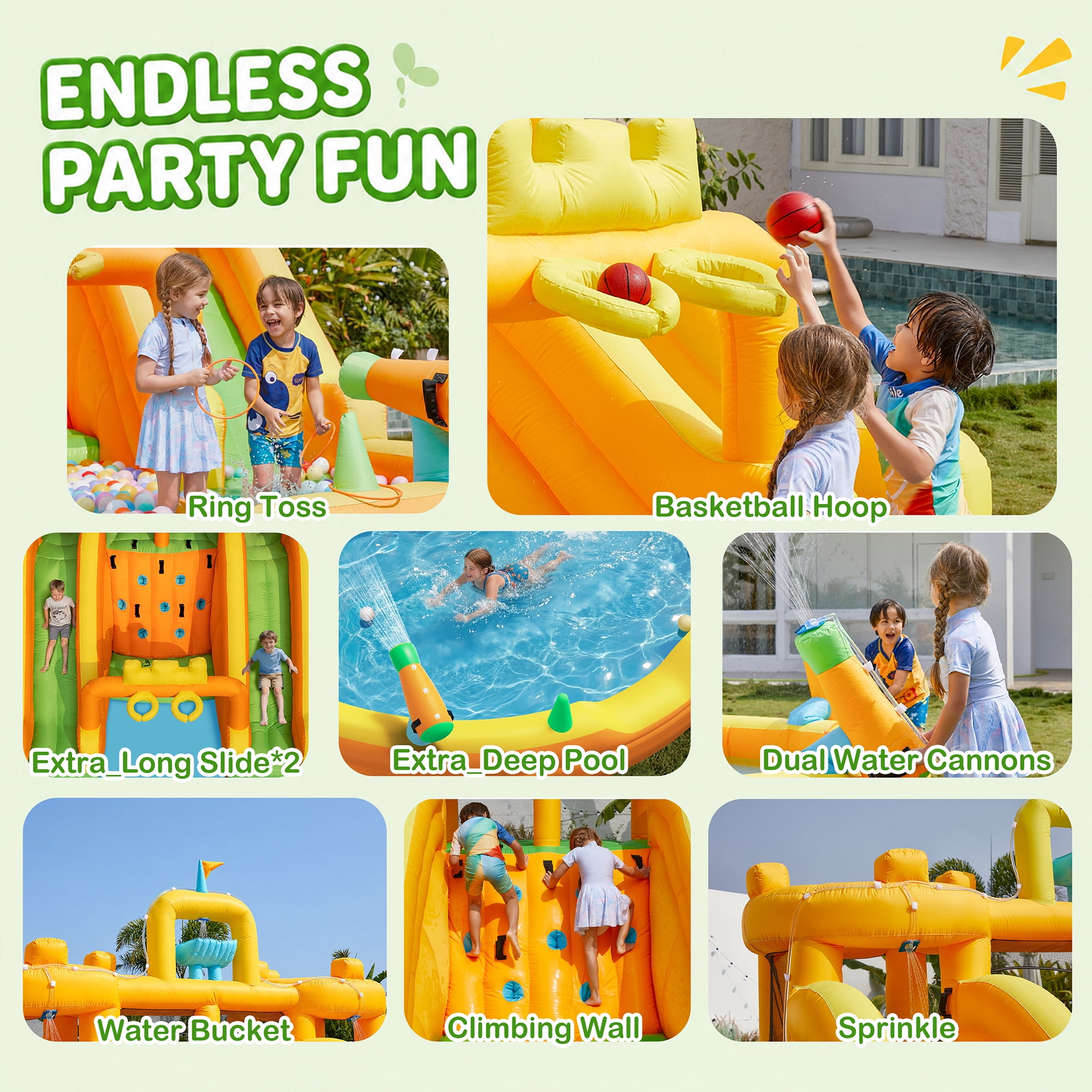 INFLATEFLY Inflatable Water Park 10 in 1 Multifunctional with Double Slides, Climbing Wall, 2 Basketball Hoops, Dual Water Cannons