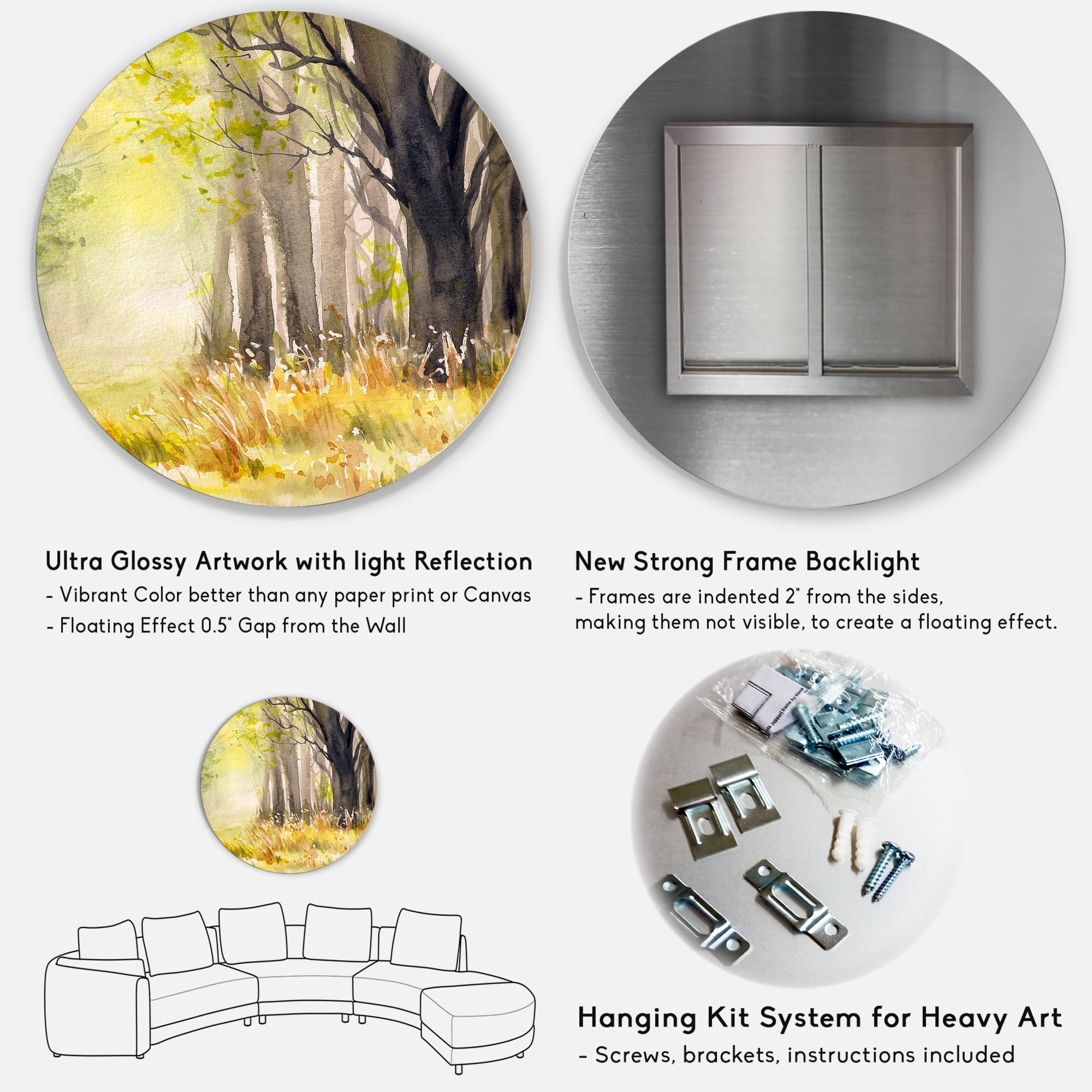 Designart 'Bright Sunshine Through The Yellow Forest Trees II' Traditional Circle Metal Wall Art 11x11 - Disc of 11