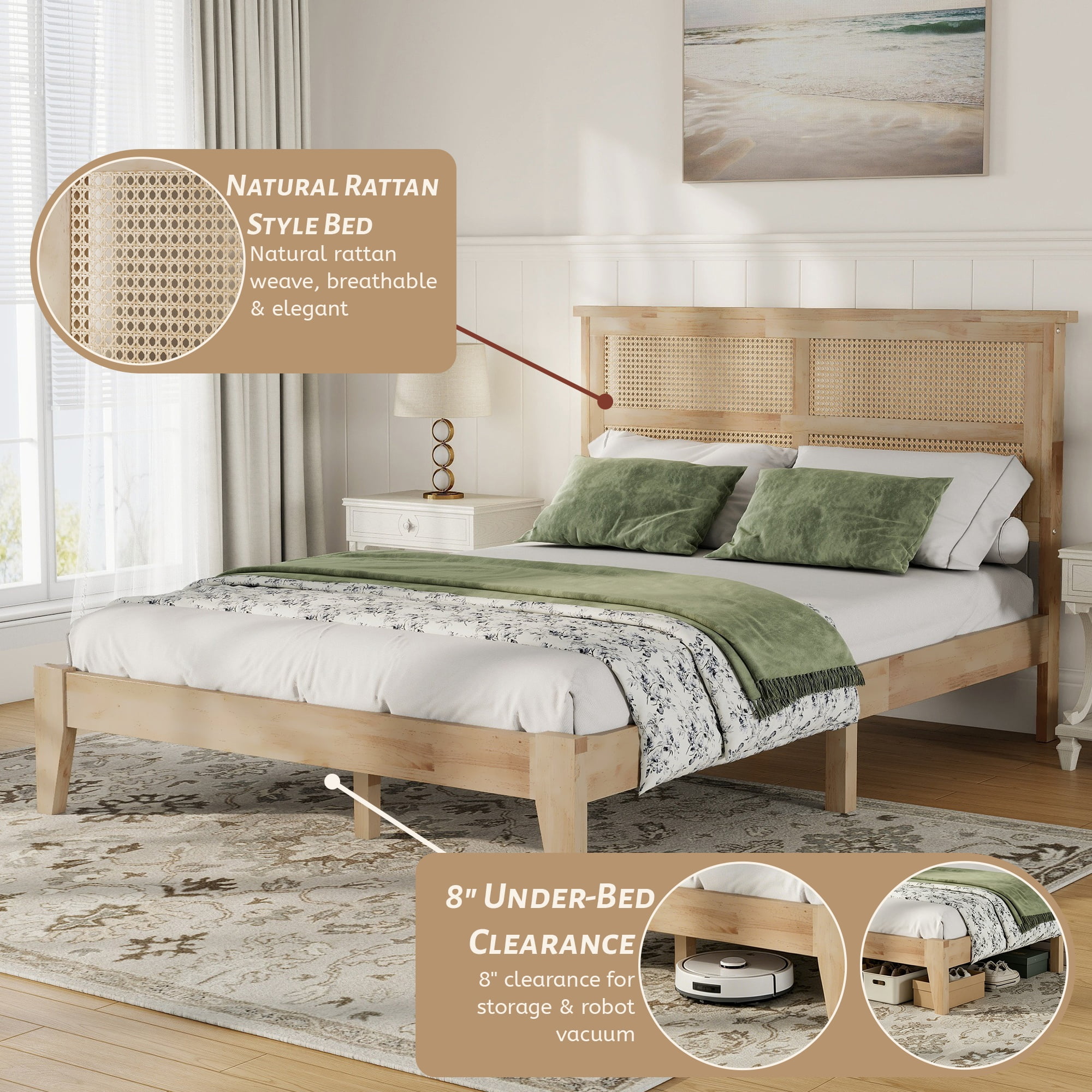 Miniyam Full Size Rubber Wood Bed Frame with Rattan-Style Woven Headboard, Natural