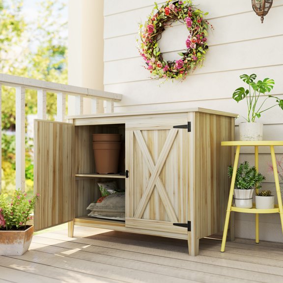 Outsunny Wood Outdoor Storage Cabinet, Compact Garden Shed Potting Shed with Shelf and Double Doors, Natural Wood