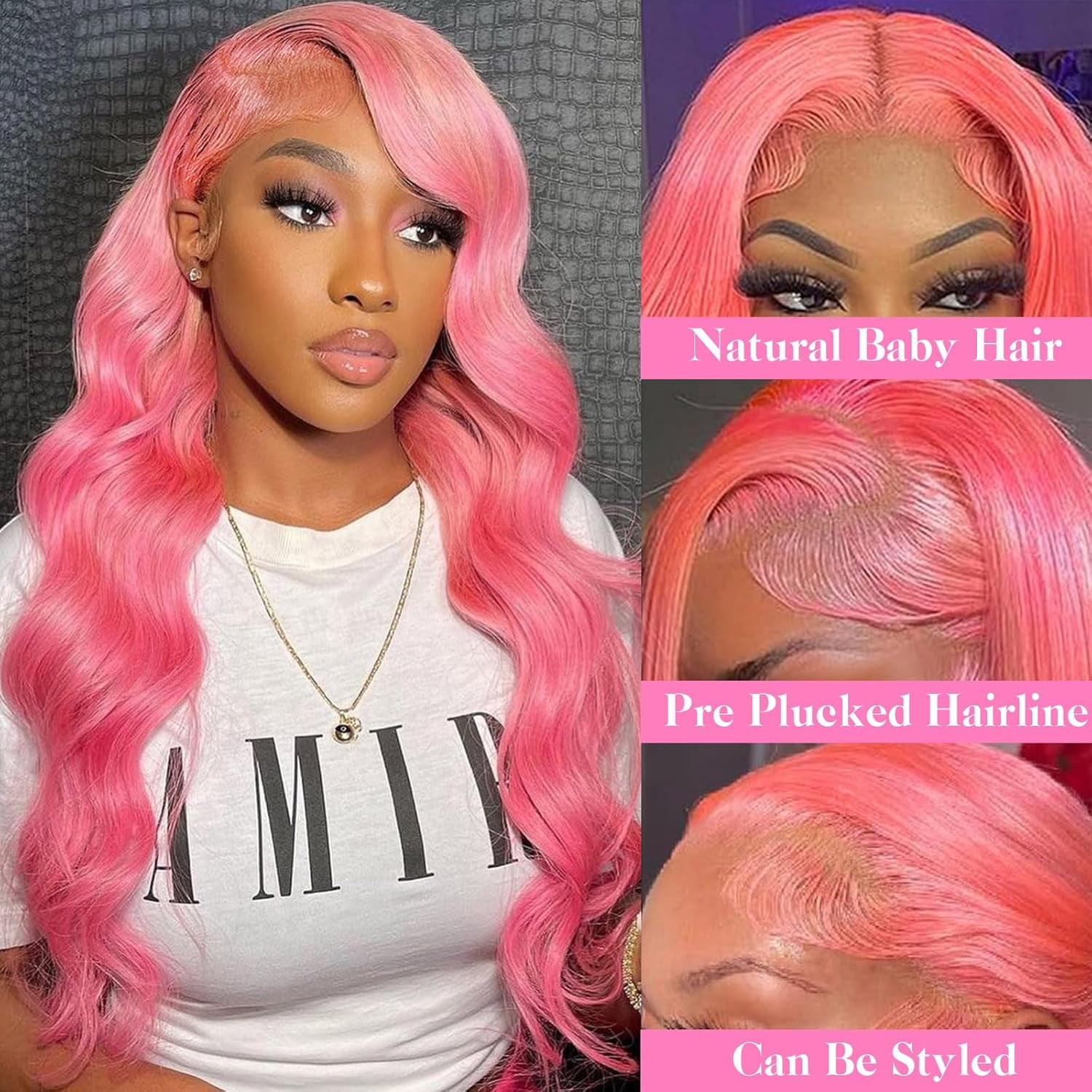 13*6 Inch HD Lace Closure 100% Human Hair Wig Body Wave Lace Front Wig 24" Pink Hair Heat Resistant Bleachable