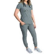 Medgear Maple Women's Stretch Scrub Set Snap Closure Chest Pocket Top and Gathered Jogger Pants