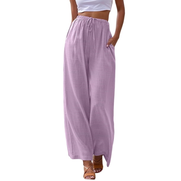 Pantalones palazzo de lino para mujer con bolsillos - Cintura elástica con cordón, pierna ancha y fluida, adecuados para la playa/uso informal - Tallas S-XXL