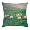 thumbnail image 1 of Farm Animal Throw Pillow Cushion Cover, Husbandry Themed Photo with Sheep Grazing on Grass in Iceland Nature, Decorative Square Accent Pillow Case, 18" X 18", Ecru and Fern Green, by Ambesonne, 1 of 2