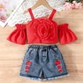 thumbnail image 7 of Girls 2Pcs Skirts Sets Outfits Summer Off Shoulder Crewneck Tops and Denim Vintage Skirts Versatile Cute Bow Print Tops School Outfits Casual Children Clothes Age 2-8 Years Red 5-6Years, 7 of 7