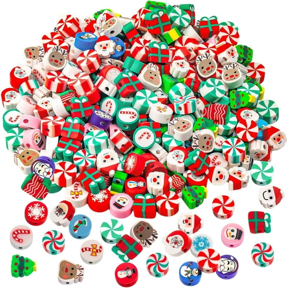 200 Christmas Polymer Clay Beads Charms for Making Bracelets, 10mm Cute Flat Spacer Clay Heishi Christmas Beads for Women Jewelry Making DIY