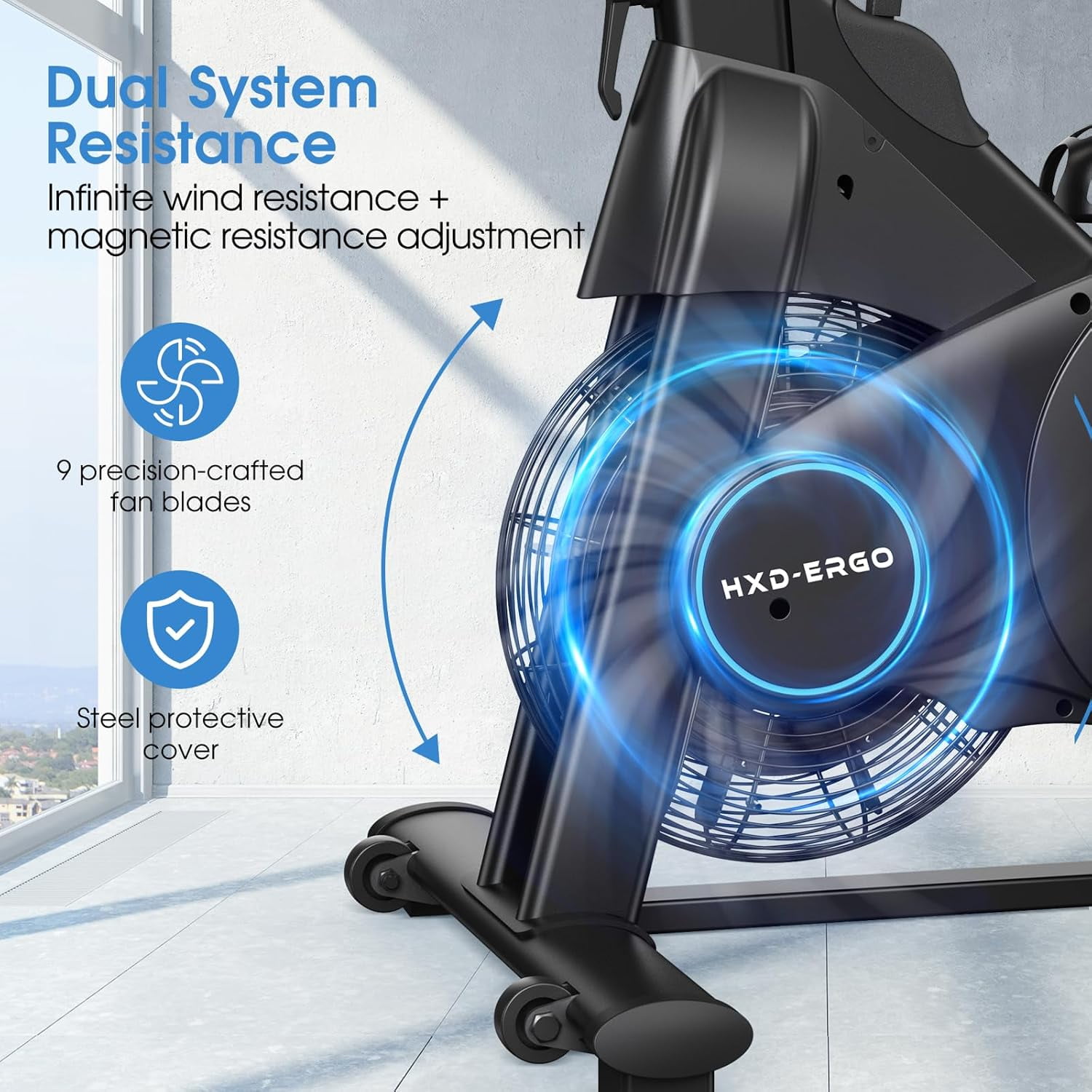HXD-ERGO Exercise Bike, Air & Magnetic Resistance Stationary Bike for Home, Silent Belt Drive, App Compatible Cycling Bike with LCD Monitor, 350lbs Capacity Workout Bike