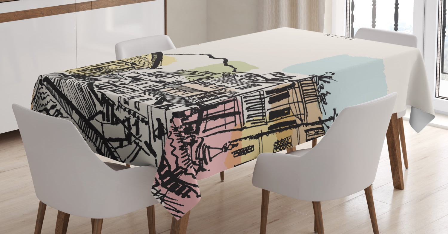 Nepal Tablecloth, Hand Drawn Temples of Durbar Mountains and Buildings