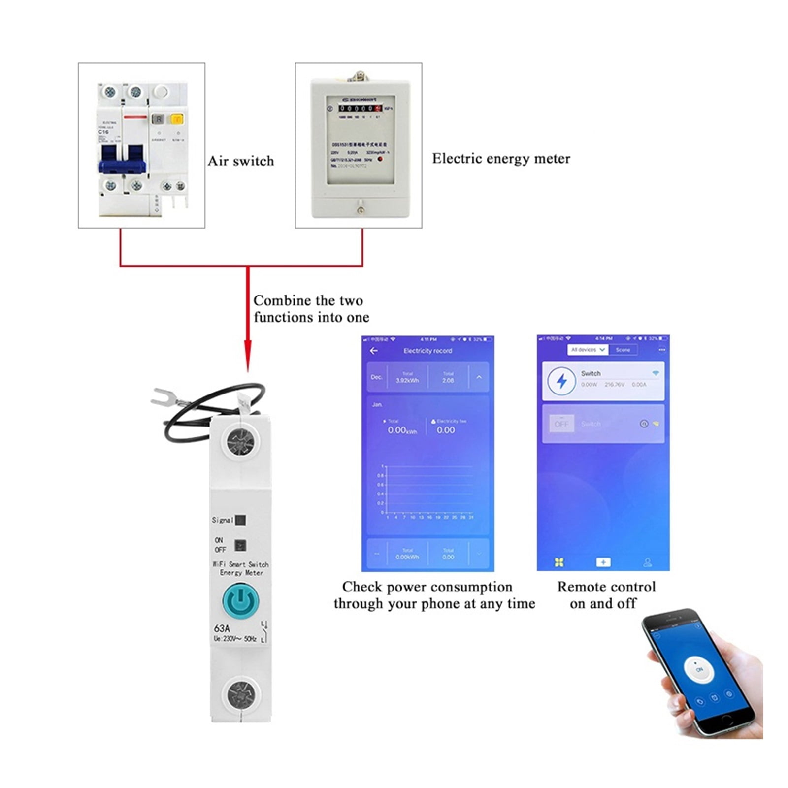 1P Single Phase Din Rail WIFI Smart Energy Meter Power Consumption KWh Meter Wattmeter With Smart Speaker Smart Energy Meter Timer ,Overload Protection