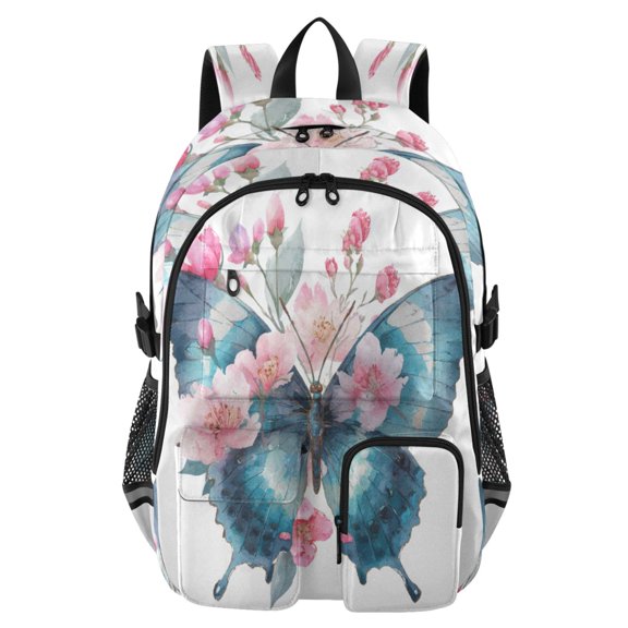 Large Capacity Student Backpack, 14 Inch Laptop Backpack, Wear-Resistant Polyester Travel Backpack with Reflective Strips for Commuting Outdoor Butterfly and Flowers