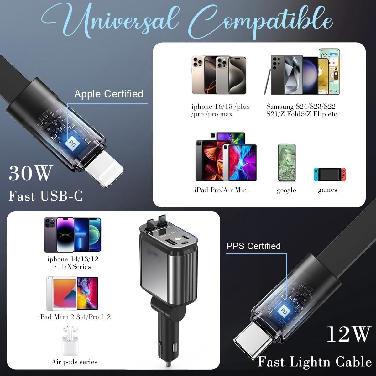 Car Charger 120W Mobile Super Fast Charging ,4 in 1 Retractable USB C Car Charger,120W with Starry Light,Fast Charging for iPhone,iPad,Android,Galaxy,Pixel,Cigarette Lighter Adapter