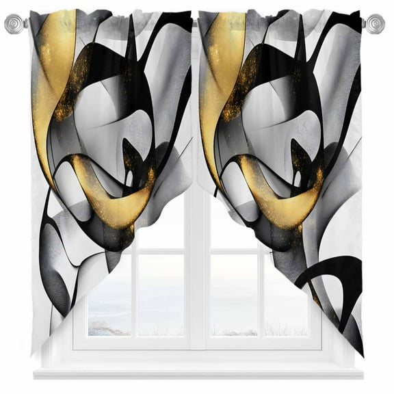 Black and Gold Line Swag Valances for Windows 2 Pack Abstract Art Modern Geometric Swag Kitchen Curtains 63 Inches Long Rod Pocket Short Window Treatment for Kitchen Bathroom 36"x63"