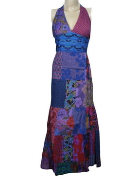 Mogul Womens Blue Pink Halter Cotton Maxi Dress Floral Print Boho Chic Gypsy Sundress S/M