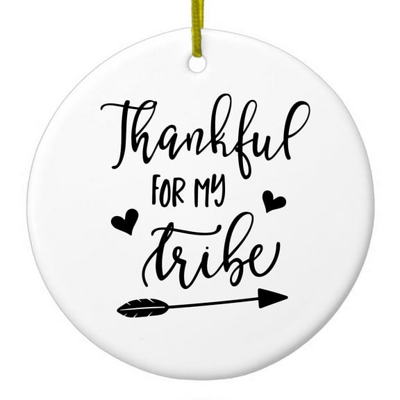 DistinctInk Hanging Ceramic Christmass Tree Ornament with Gold String - Great Gift / Present - 2 3/4 inch diameter - Thankful for My Tribe