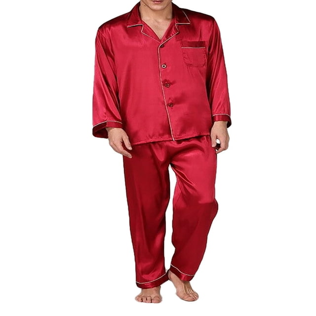 Men‘s Silk Satin Pajama Set Button Down Sleepwear Tops Long pants Two-Piece Pjs Set
