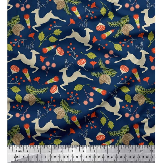 Soimoi Rayon Fabric Leaves & Reindeer Animal Fabric Prints by Yard 56 Inch Wide