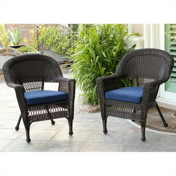 Jeco Wicker Chair in Espresso with Blue Cushion (Set of 2)