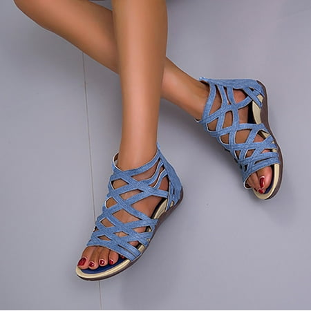 LoyisViDion Womens Sandals Clearance Flat Lace Open-Toe Women S Shoes with Zipper Roman Women S Sandals Blue 6.5(38)