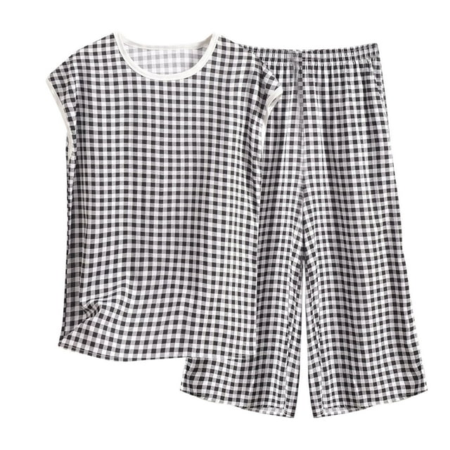 Tnhcen Ensemble de Pyjama Grande Taille pour Femmes 2 Pcs Débardeur Col Rond Imprimé Vibrant + Pantalon Capri Décontracté Extensible Confortable pour Usage Quotidien TG-6TG