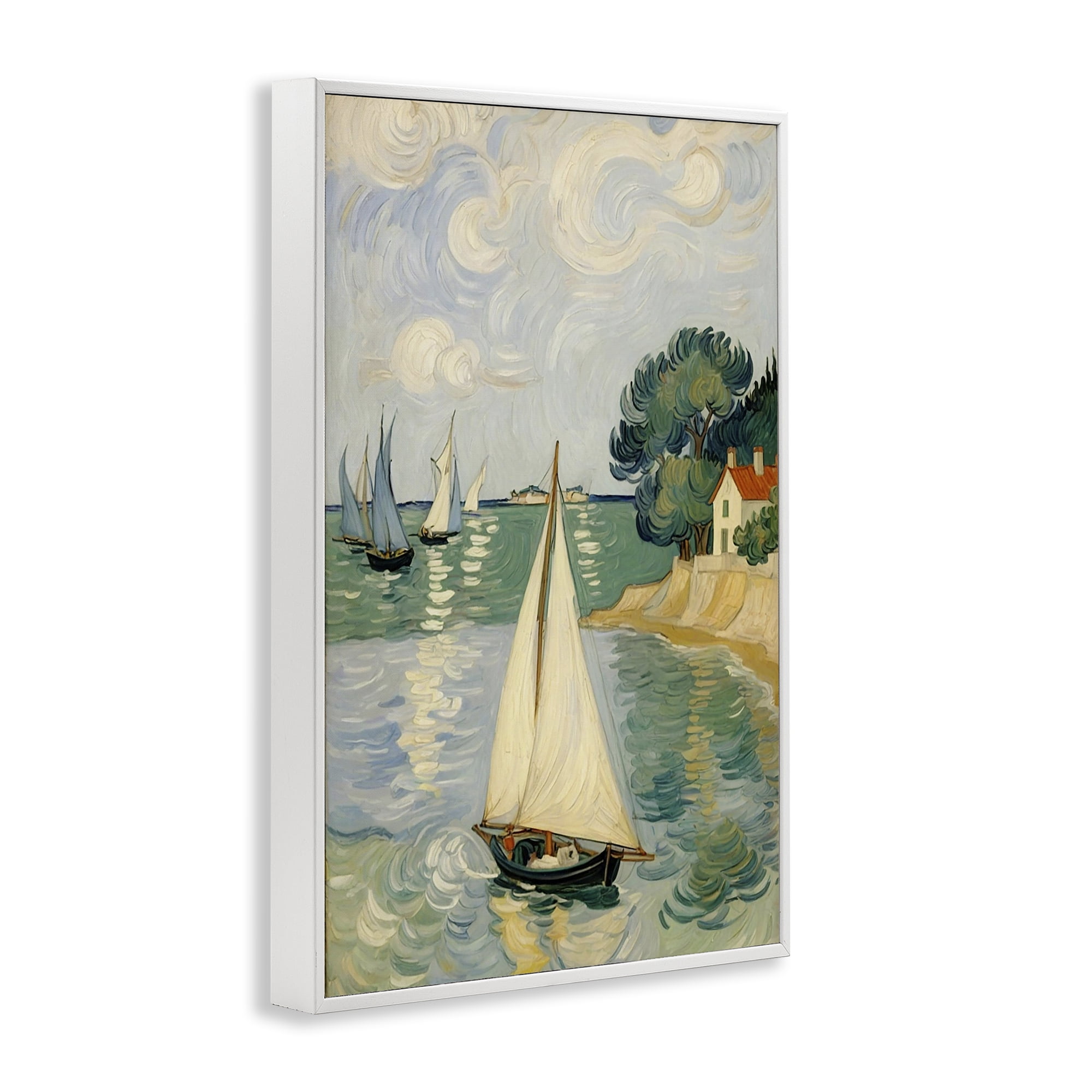 Stupell Industries Coastal Sailboats Under Swirling Clouds White Framed Giclee Art, design by Angie Hawke