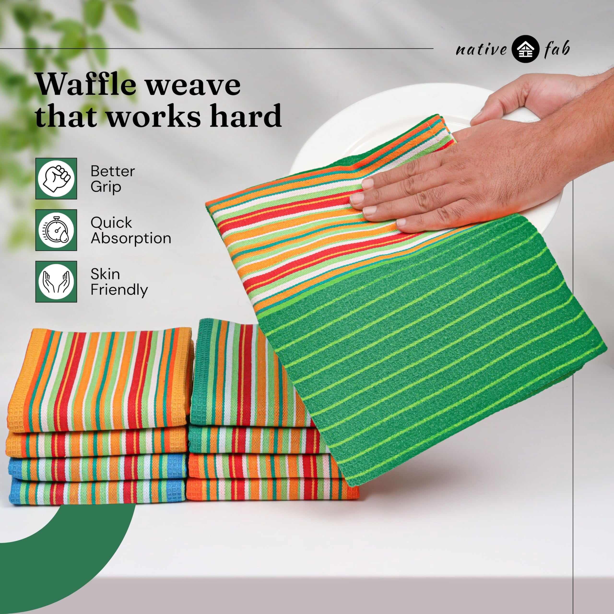Native Fab Mexican Salsa Stripe Kitchen Towels, 12 Pack, 18x28 Inches, 100% Cotton, Highly Absorbent, Soft, Dish Towel for Drying Dishes, Everyday Kitchen Use, Reusable, Washable, Green