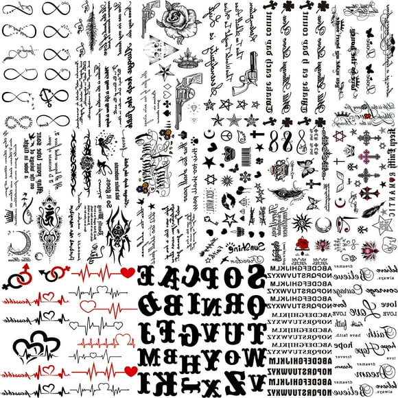 TASROI 18 Hojas Citas Inspiradas en Negro Tatuajes Temporales para Mujeres Niños Niños Letras del Alfabeto de Larga Duración Palabras Tatuajes Falsos Pegatinas Aves Cruz ECG Infinito Luna Estrella Cue