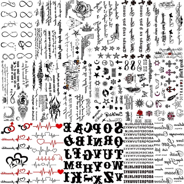 TASROI 18 Hojas Citas Inspiradas en Negro Tatuajes Temporales para Mujeres Niños Niños Letras del Alfabeto de Larga Duración Palabras Tatuajes Falsos Pegatinas Aves Cruz ECG Infinito Luna Estrella Cue