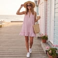 thumbnail image 6 of Women's Vertical Striped Dress, Casual Sleeveless Zip-up V Neck Mini Dress, Ruffle Hem Shift Summer Sundress with Pockets, 6 of 7