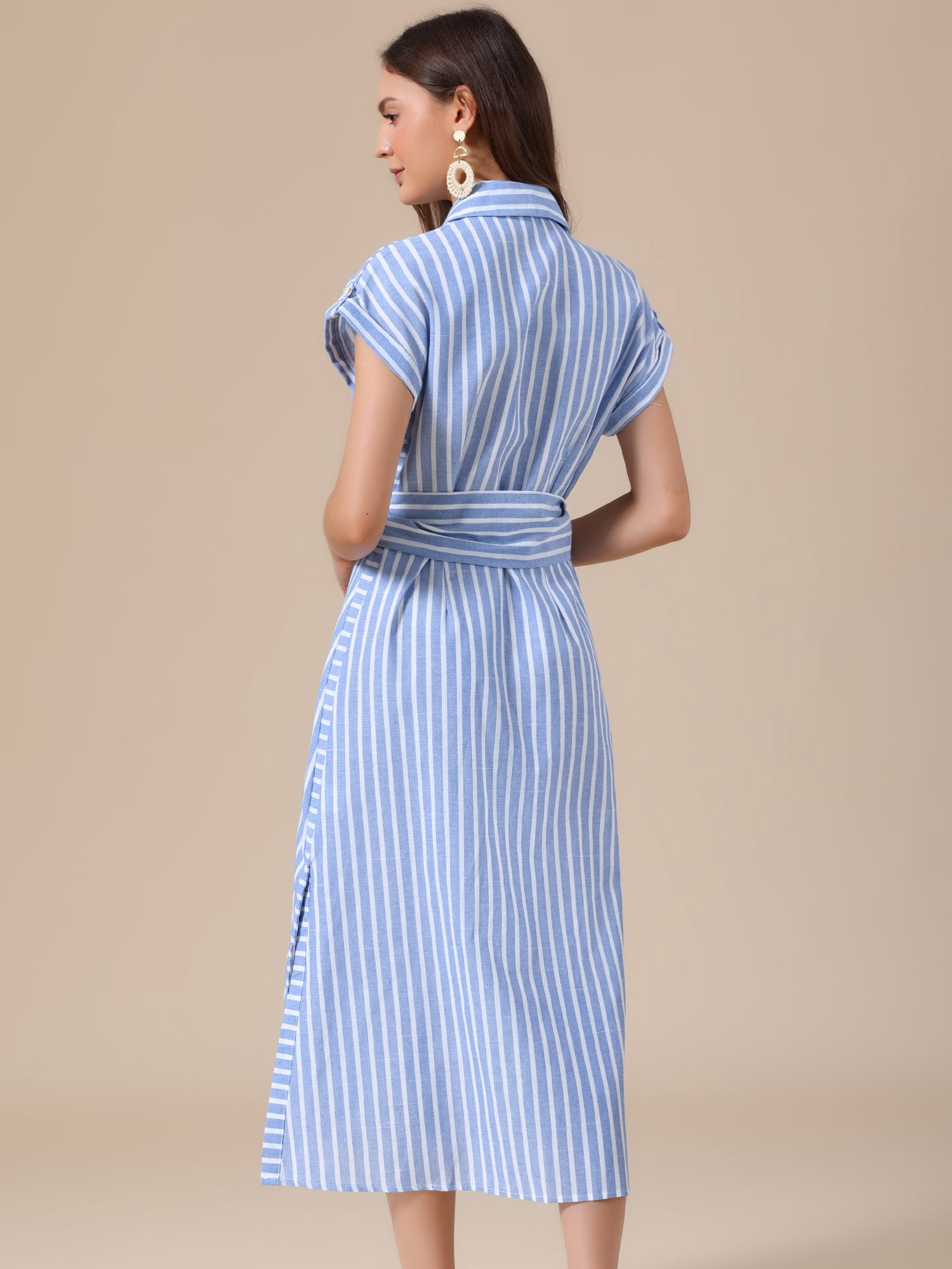 DARING DIVA Women's Button Down Tie Waist Side Slit Striped Midi Dresses S Blue and White