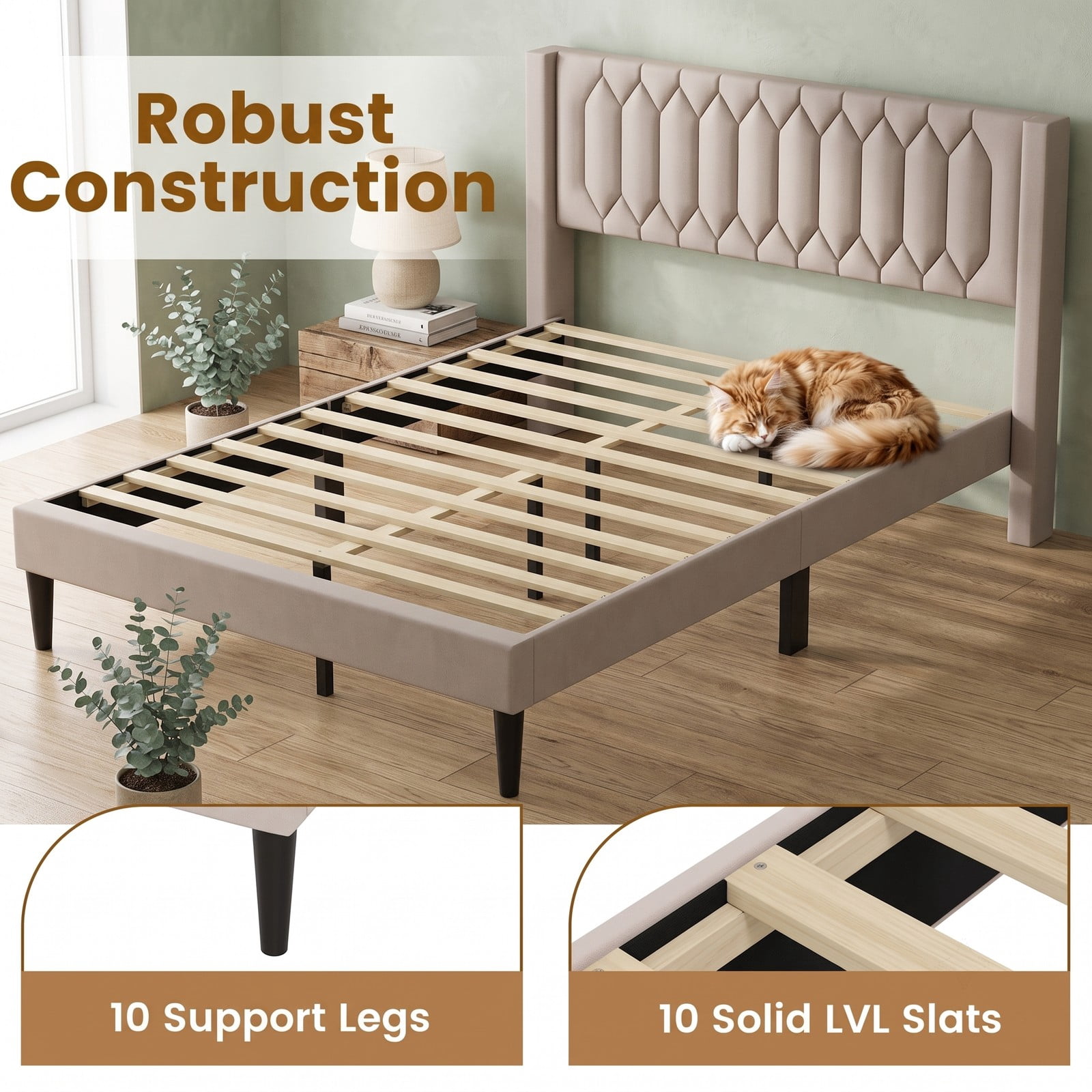 Furnibear Queen Bed Frame Velvet Upholstered Platform Bed with Wingback Headboard and Wood Slat Support, No Box Spring Needed, BeigeBeige