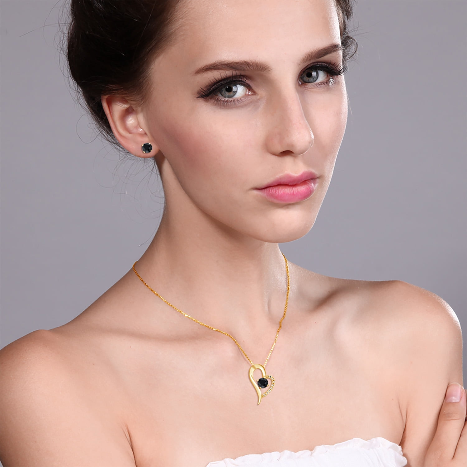 Gem Stone King 18K Yellow Gold Plated Silver Black Sapphire Pendant and Earrings Jewelry Set for Women (3.77 Cttw, Gemstone September Birthstone, Round 6MM)