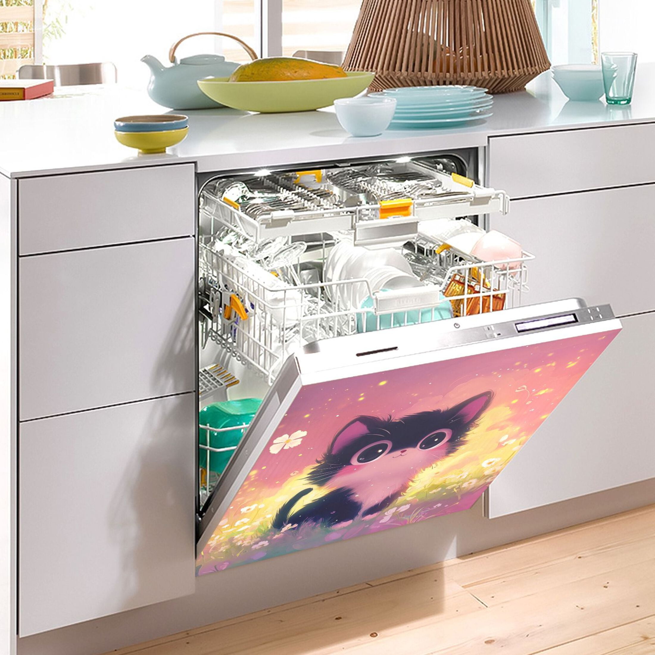 Dishwasher Magnetic Sticker 23x26 Inch Refrigerator Magnetic Sticker Washing Machine Magnetic Sticker Kitchen Panel Magnetic Sticker Home Decor Adorable Black Kitten