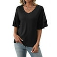 thumbnail image 2 of Womens V-Neck Tops Dressy Double Layer Bell Sleeve 3/4 Length Ruffle Sleeve T Shirts Black L, 2 of 8